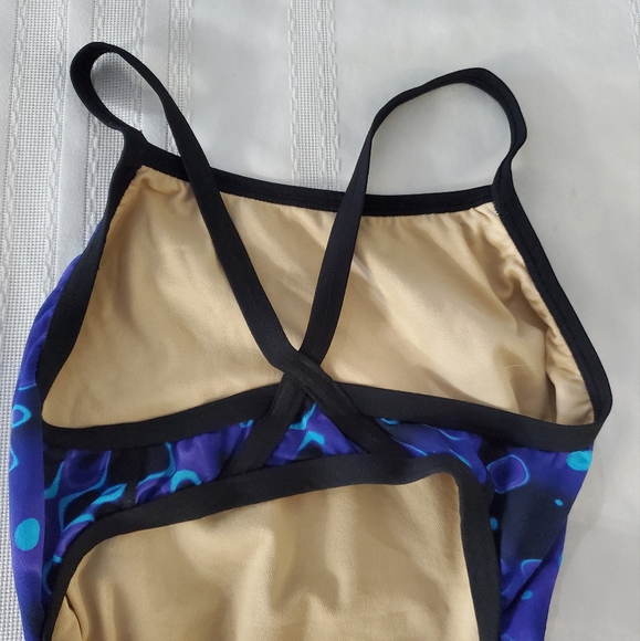 VTG Speedo Girls 1 Piece Purple Blue Abstract Geometric Pickaboo Back Swimsuit - Picture 7 of 9